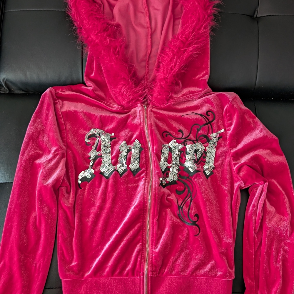 Pink Velour Hoodie with Angel Design